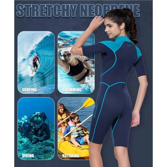 Womens Medium Blue Wetsuit Shorty, 3mm Front Zipper Neoprene Snorkeling Surfing - Picture 10 of 11
